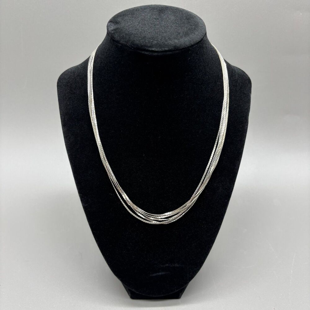 Trifari Silver Plated Multi Strand Herringbone Necklace Layered Chain 18" 1980s - Picture 1 of 7
